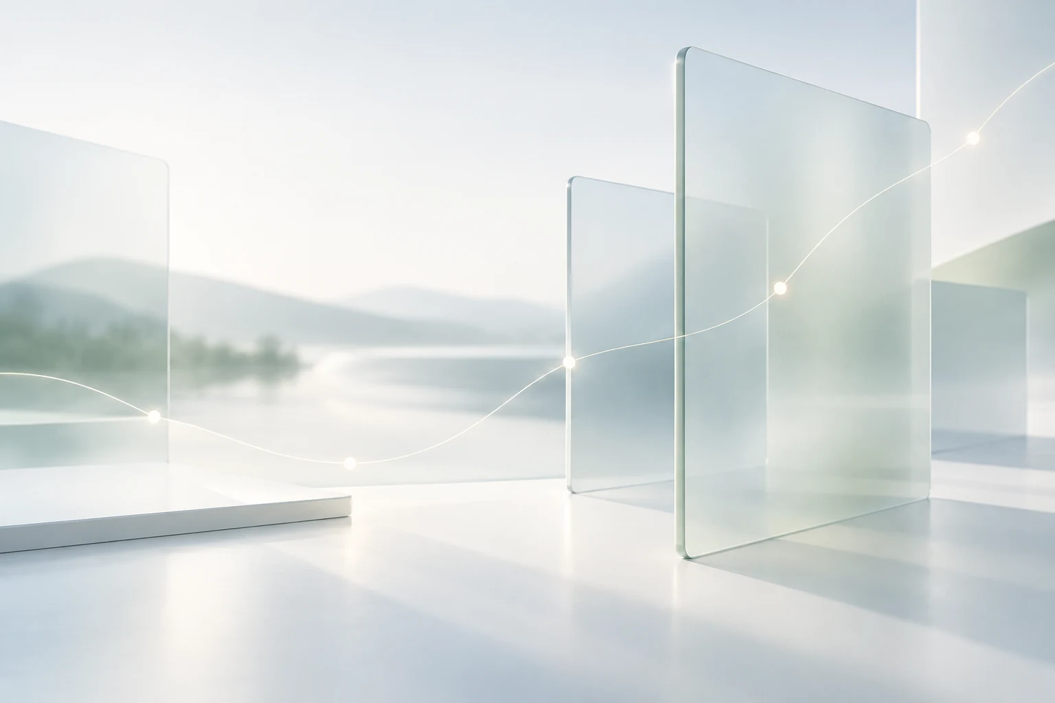 Planos de vidrio translúcido conectados por una línea luminosa.