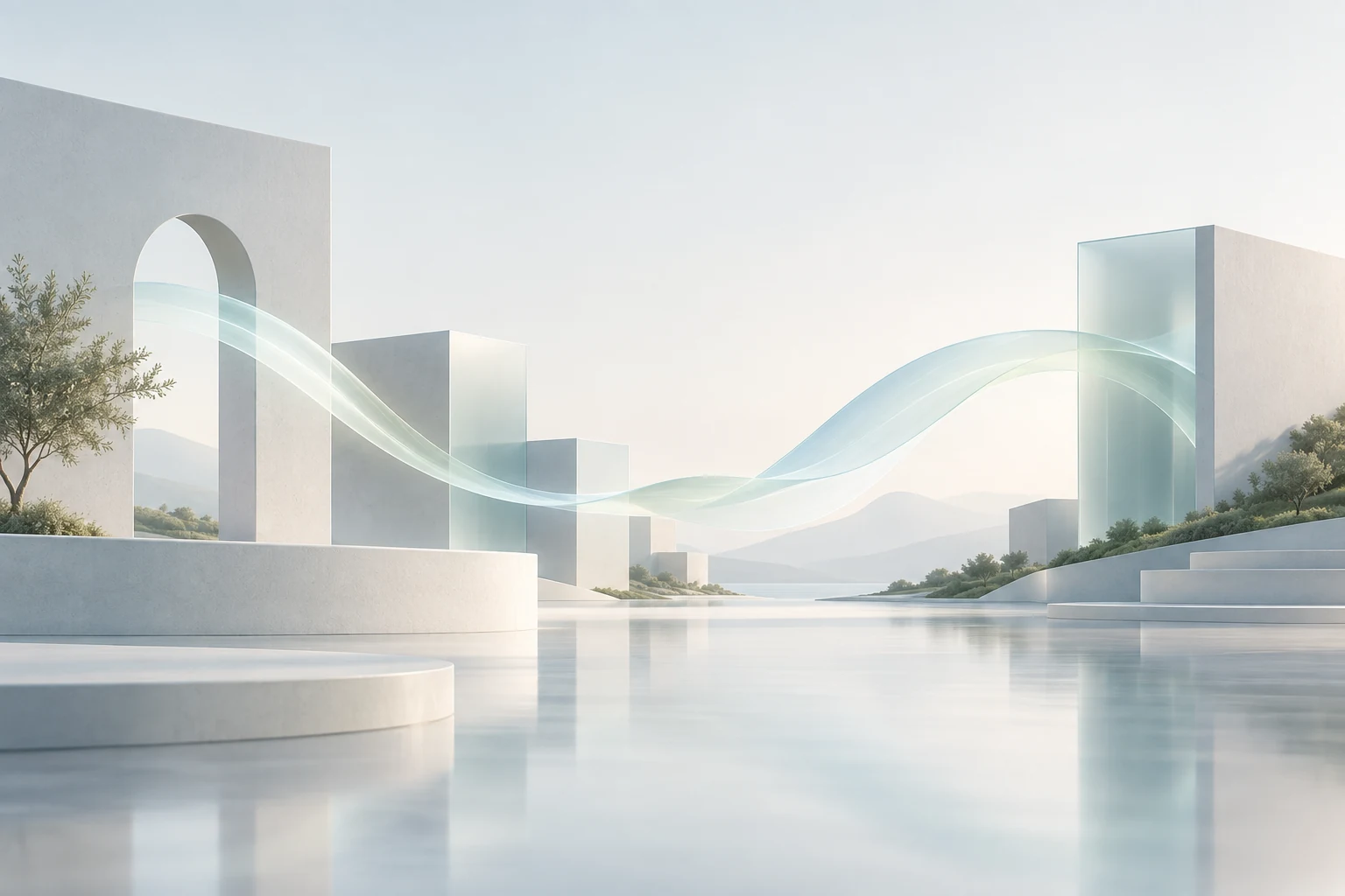 Arquitectura abstracta unida por una cinta de energía translúcida.