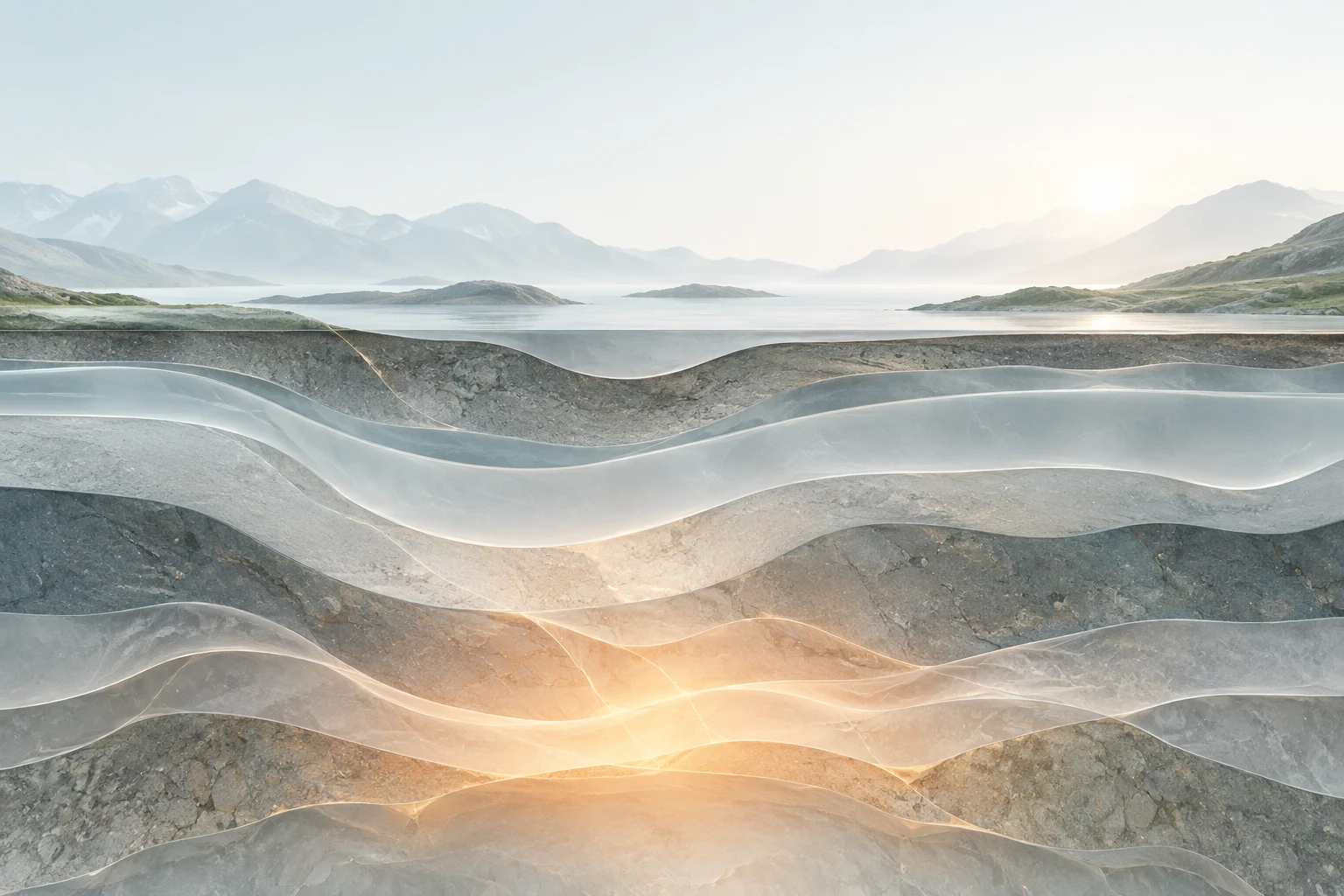 Capas geológicas translúcidas con luz cálida desde el subsuelo.